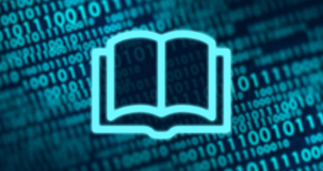 open book icon over binary code